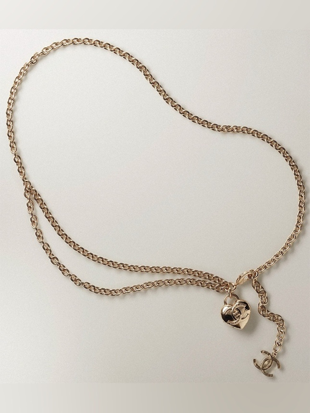 Chanel Light Gold Chain Belt or Necklace with Heart Locket Charm & CC Logo